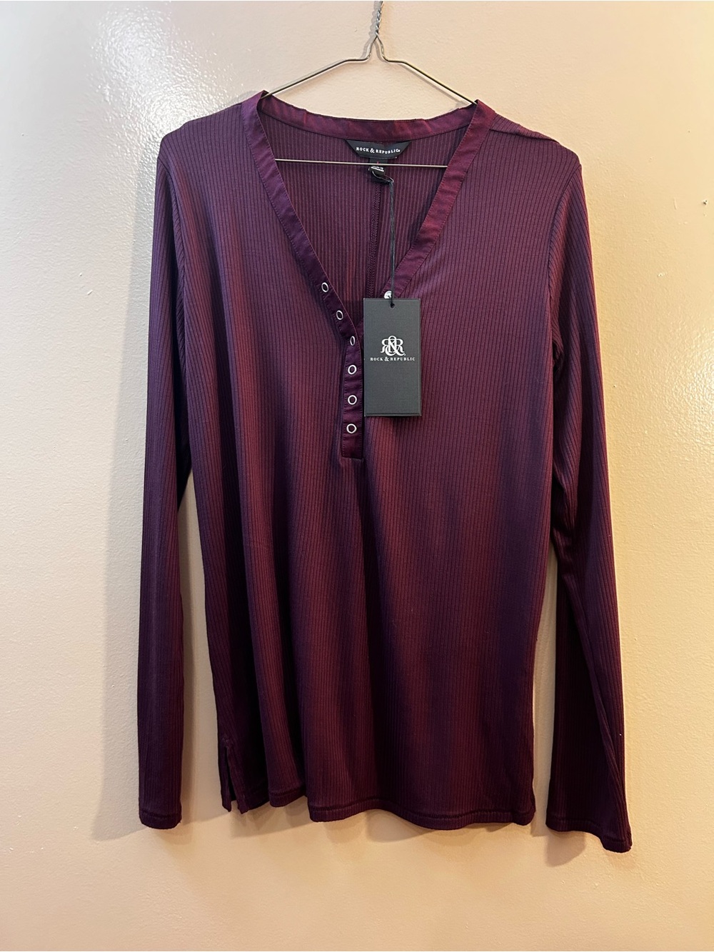 Rock & Republic Plum Ribbed Henley Long Sleeve Top
